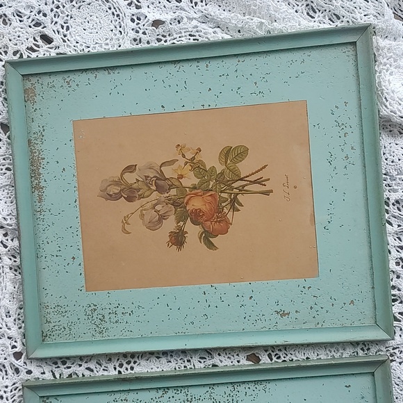 Set of 2 Vintage/Antique Jean Louis J.L Prevost floral prints in blue frames - Picture 3 of 5